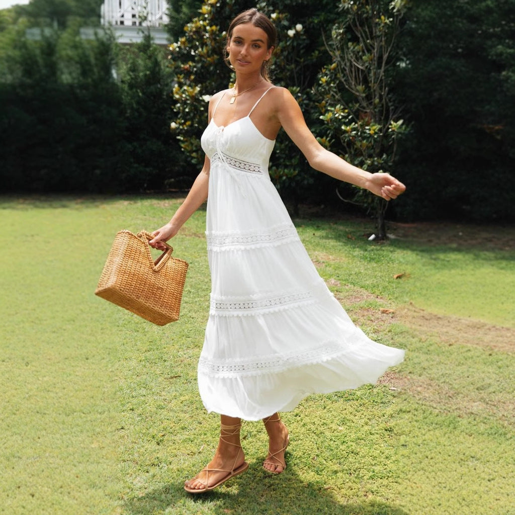 Women’s Sundress – Flowy Fit – Cotton Blend – Lace Trim – Tiered Midi Skirt – Spaghetti Straps