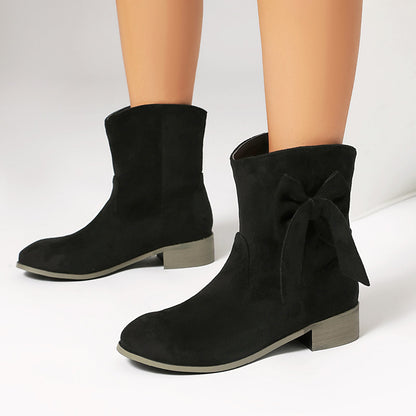 Women’s Short Boots – Suede Finish – Low Heel – Decorative Bow – Comfort Fit