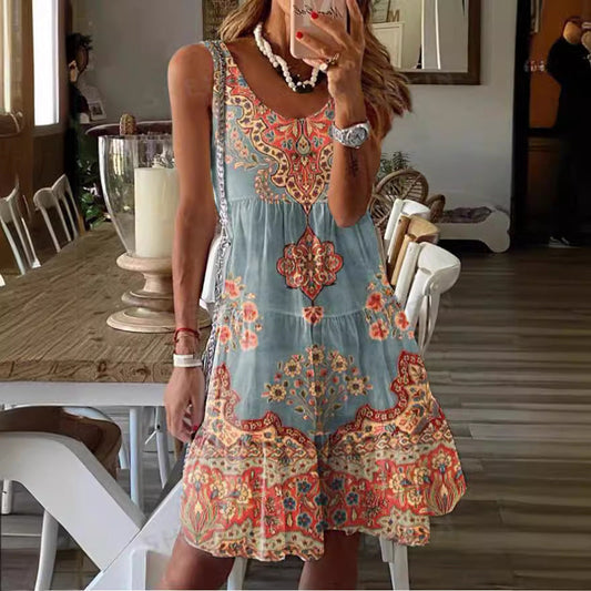 Women’s Casual Dress – Flowy Fit – Sleeveless Scoop Neck – Tiered – Ornamental Print