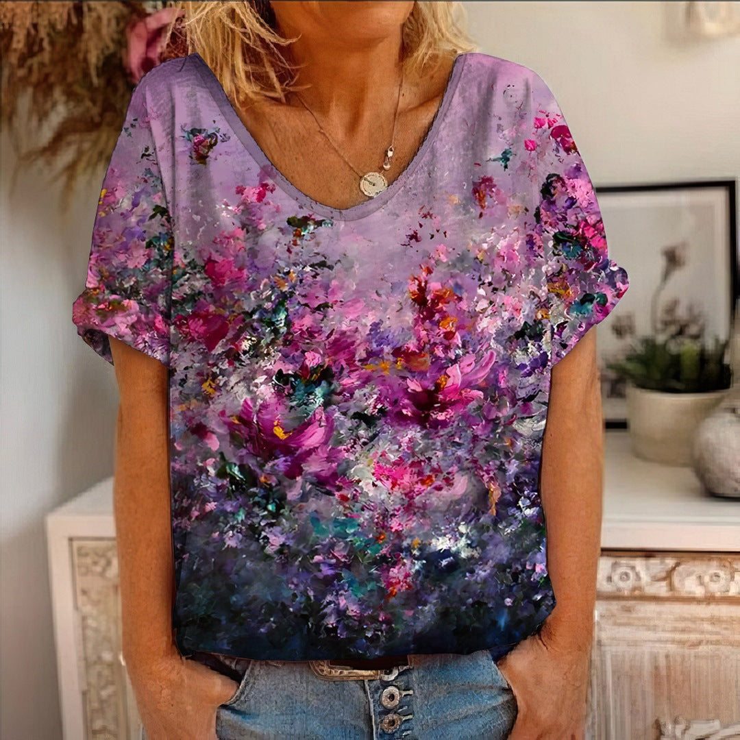 Women’s T-Shirt – Relaxed Fit – Artistic Floral Print – Soft Breathable Blend