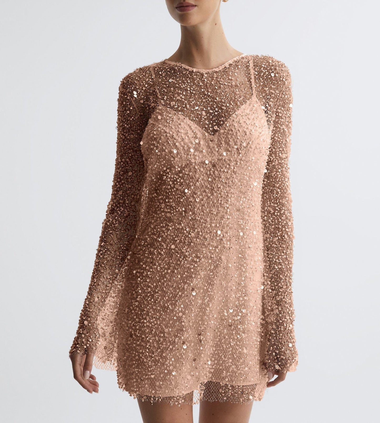 Women’s Cocktail Dress – Fitted Silhouette – Sequin Overlay – Long Sleeve Mini