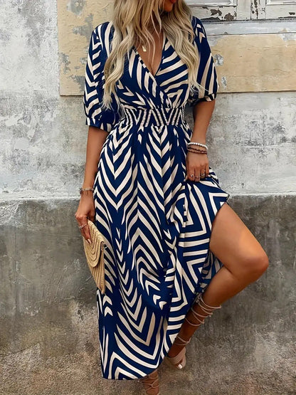 Women’s Midi Dress – A-Line Fit – V-Neck Wrap – Belted Waist – Puff Sleeves – Geometric Print