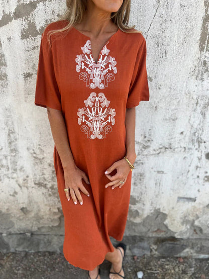 Women’s Midi Dress – Relaxed Fit – Embroidered Front – Natural Fibers – Short Sleeve