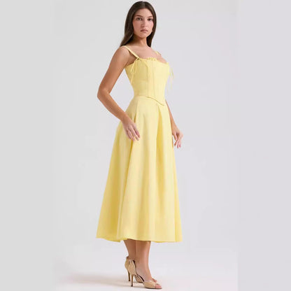 Women’s Midi Dress – Corset Bodice – A-Line Silhouette – Spaghetti Straps Elegant Fit