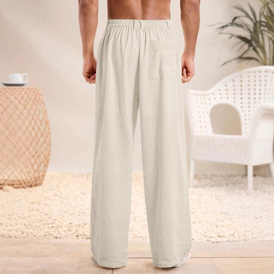 Men’s Trousers – Cotton Linen Blend – Relaxed Fit – Elastic Waist – Full Length