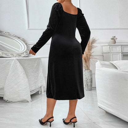 Women’s Midi Dress – Velvet Touch – Slim Fit – Square Neck – Long Sleeve – Side Slit