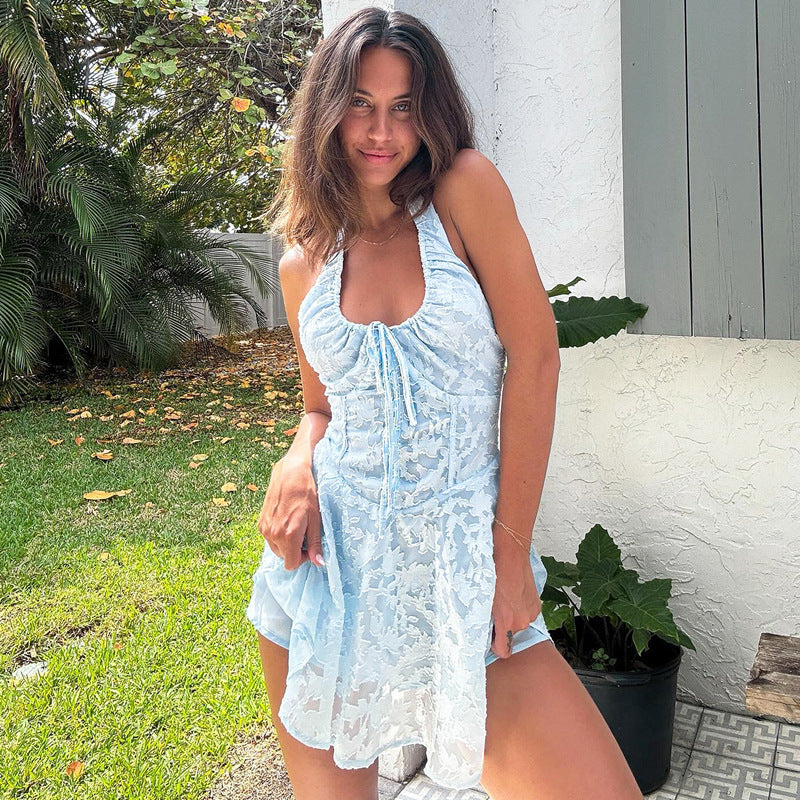 Women’s Halter Mini Dress – Jacquard Floral – Slim Fit – Ruched Bodice – Open Back