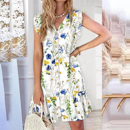 Women’s A-line Dress – Floral Print – Button-Up Front – Sleeveless Ruffle V-Neck