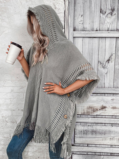 Women’s Poncho – Knitted Wool Blend – Oversized Fit – Hooded – Fringe Hem – V-Neck