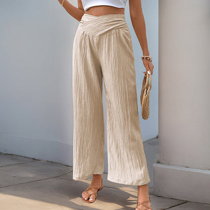 Women’s Wide-Leg Pants – High Waist – Cropped Length – Crinkled Lightweight Fabric