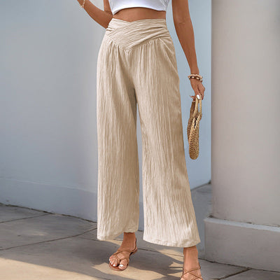 Women’s Wide-Leg Pants – High Waist – Cropped Length – Crinkled Lightweight Fabric