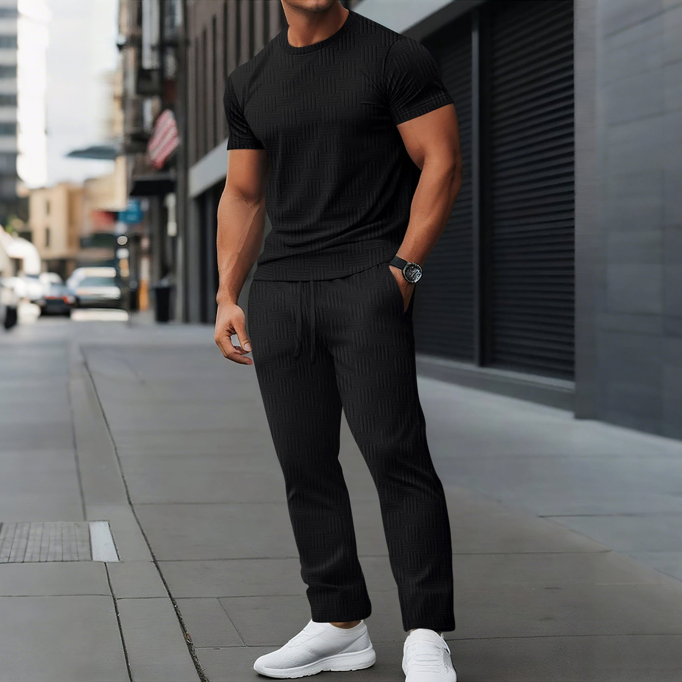 Men’s Athletic Trousers Set – Slim Fit – Stretch Fabric – Full Length Drawstring Waist