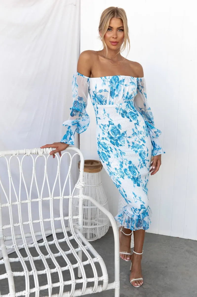 Women's Off-Shoulder Bodycon Dress - Floral Print - Sheer Puff Sleeves - Ruffled Hem