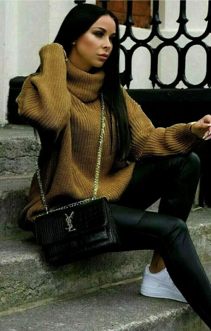 Women’s Knitted Sweater – Oversized Fit – Turtleneck – Ribbed Sleeve Casual Pullover