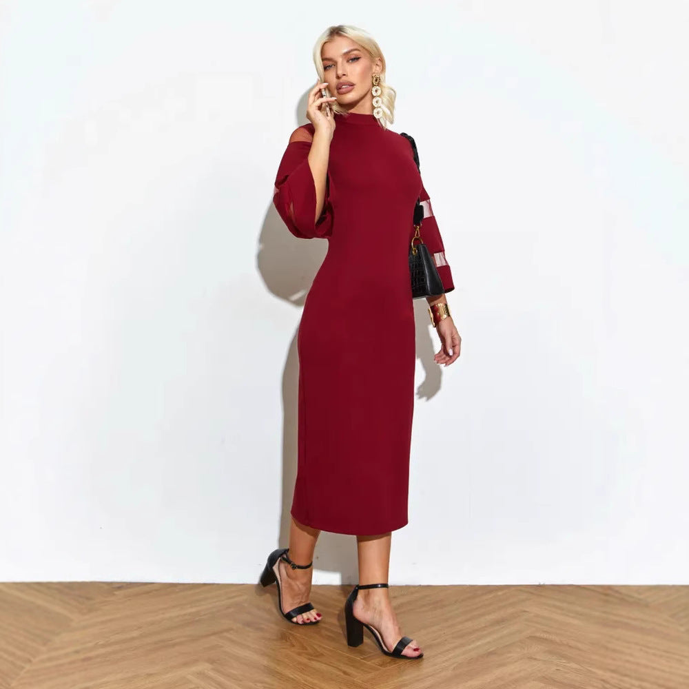 Women’s Midi Dress – Slim Fit Pencil Silhouette – Bell Sleeves – Sheer Panel – Side Slit