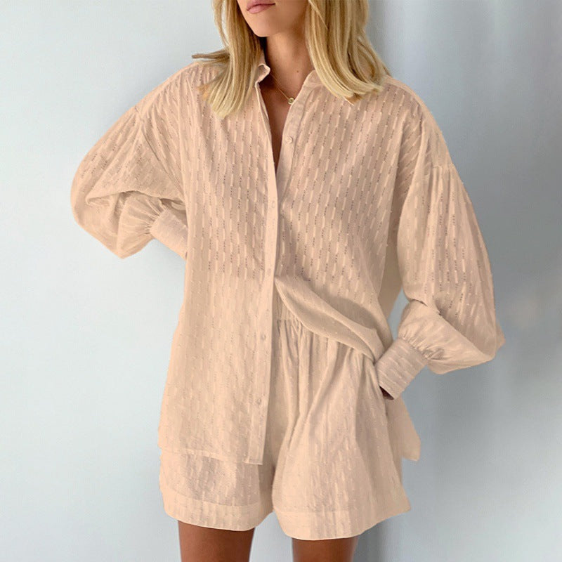 Women’s Blouse and Shorts Set – Jacquard Fabric – Relaxed Fit – Puff Sleeves – Elastic Waist
