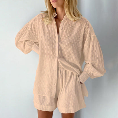 Women’s Blouse and Shorts Set – Jacquard Fabric – Relaxed Fit – Puff Sleeves – Elastic Waist