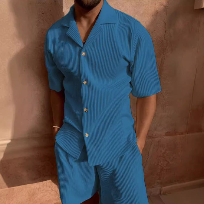Men’s Casual Set – Button-Up Shirt & Shorts – Relaxed Fit Textured Fabric