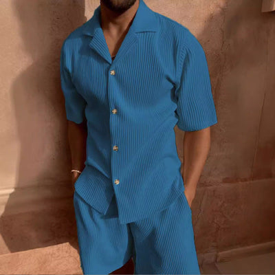 Men’s Casual Set – Button-Up Shirt & Shorts – Relaxed Fit Textured Fabric
