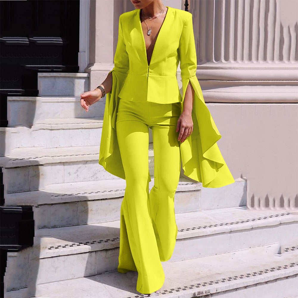Women’s Two-Piece Set – Tailored Fit – Deep V-Neck – Flared Trousers – Cape Sleeves