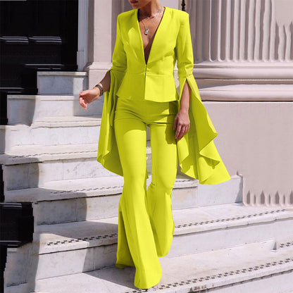 Women’s Two-Piece Set – Tailored Fit – Deep V-Neck – Flared Trousers – Cape Sleeves