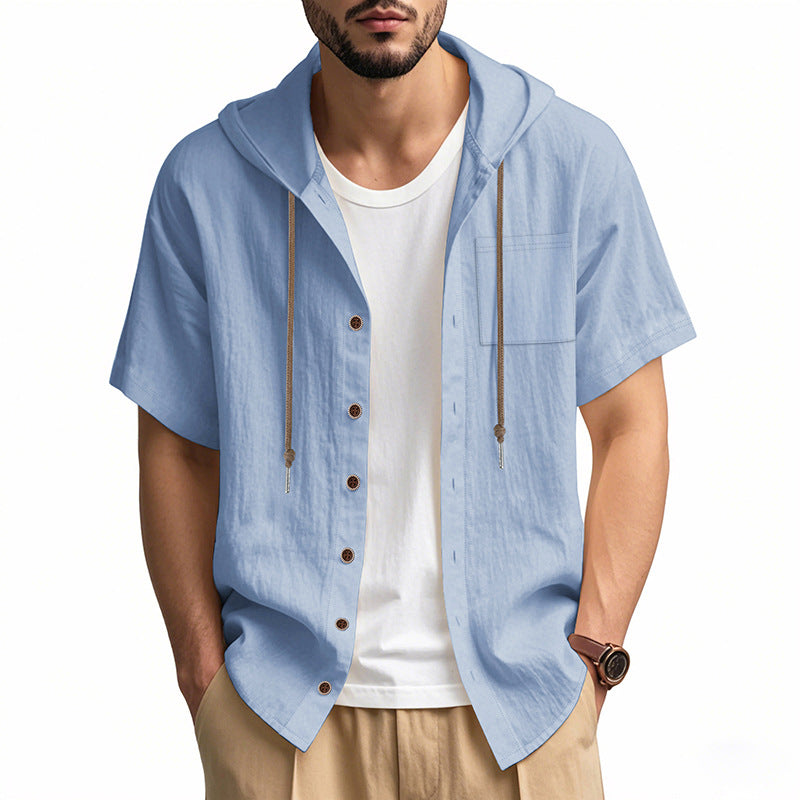 Men’s Hooded Shirt – Linen Blend – Relaxed Fit – Short Sleeve – Button-Up Casual Top