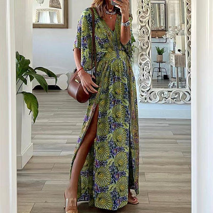 Women’s Long Dress – Bohemian Print – V-Neck – Short Sleeve – Relaxed Fit – Side Slit