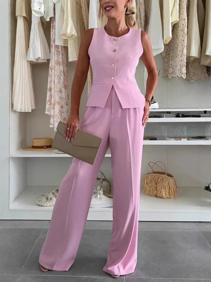 Women’s Blazer and Trousers Set – Tailored Fit – Sleeveless Blazer – Wide-Leg High Waist