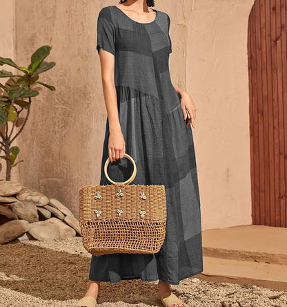 Women’s Long Dress – A-Line Loose Fit – Cotton – Plaid Print – Short Sleeve Casual