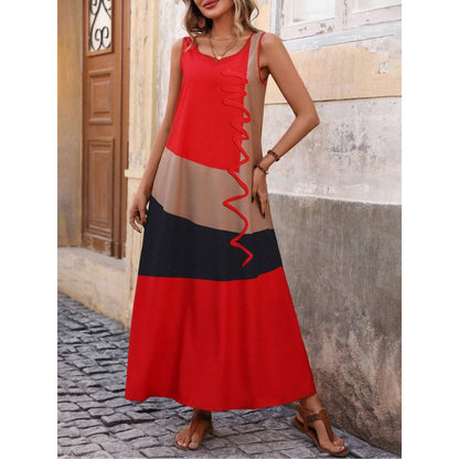 Women’s Maxi Dress – V-Neck – Slim Fit Waist – Side Slit – Ruffle Cap Sleeves – Geometric Print