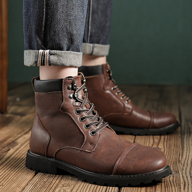 Men’s Ankle Boots – Leather Look – Lace-Up – Cushioned Collar – Treaded Sole