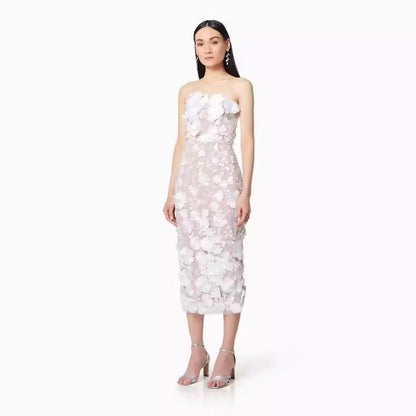 Women’s Strapless Dress – Slim Fit – 3D Floral Appliqué – Sheer Tulle – Midi Length