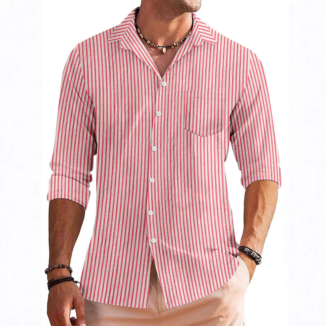 Men’s Long Sleeve Shirt – Regular Fit – Stripe Pattern – Chest Pocket