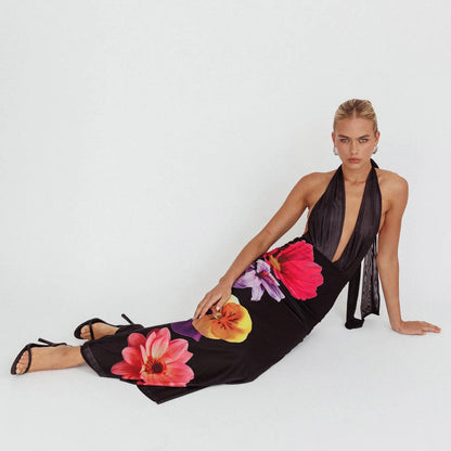 Women’s Maxi Dress – Slim Fit – Halter Neck – Deep V-Neck – Floral Mesh Elegant Style