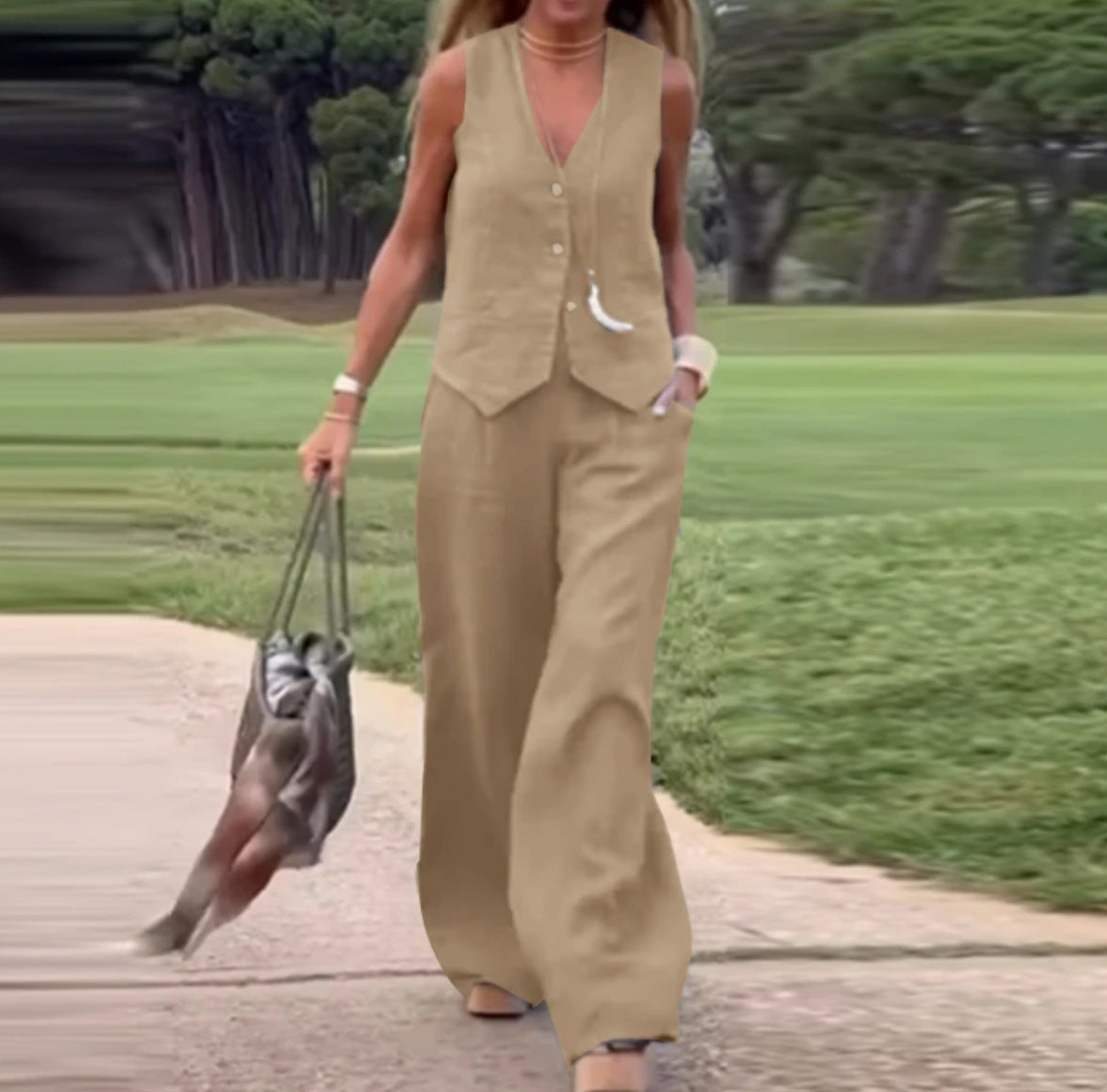 Women's Vest and Pants Set - Tailored Fit - Sleeveless - Wide Leg - Casual Chic