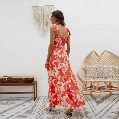 Women’s Maxi Dress – Smocked Bodice – Tie Straps – Tiered Skirt – Cotton Feel