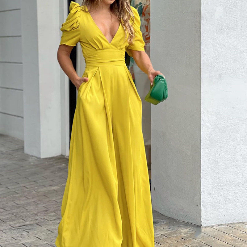Women’s Jumpsuit – Wide Leg – Puff Sleeve – V-Neck – Cinched Waist – Full Length