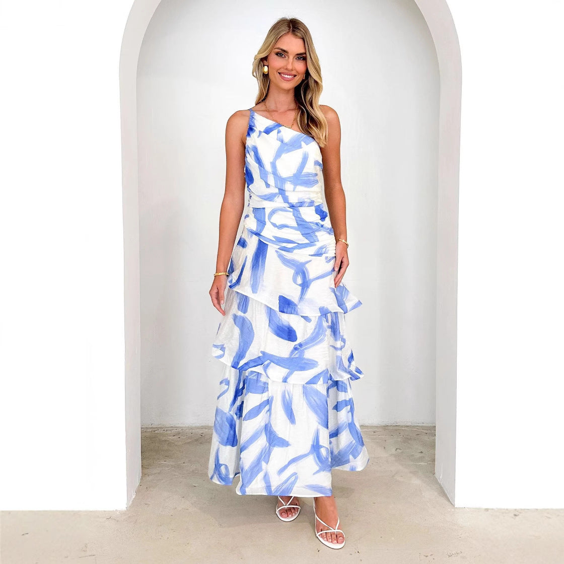 Women’s Maxi Dress – One-Shoulder – Ruched Bodice – Tiered A-Line – Abstract Print
