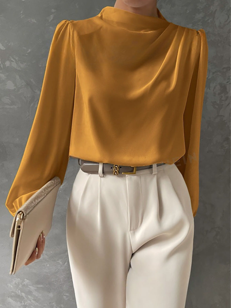 Women’s Satin Blouse – Relaxed Fit – High Neck – Long Sleeve Elegant Draped Top