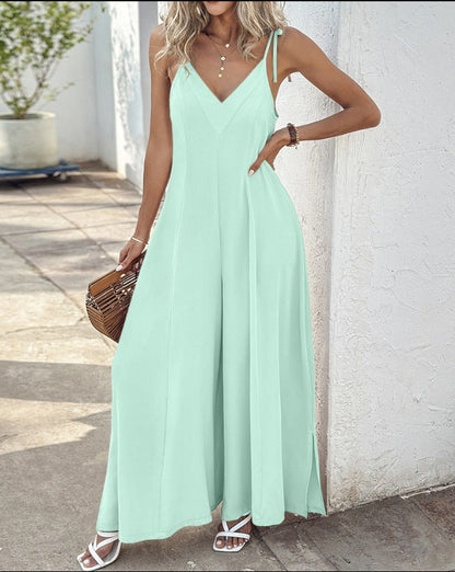 Women’s Jumpsuit – Wide Leg – Deep V-Neck – Spaghetti Straps – Cinched Waist – Relaxed Fit