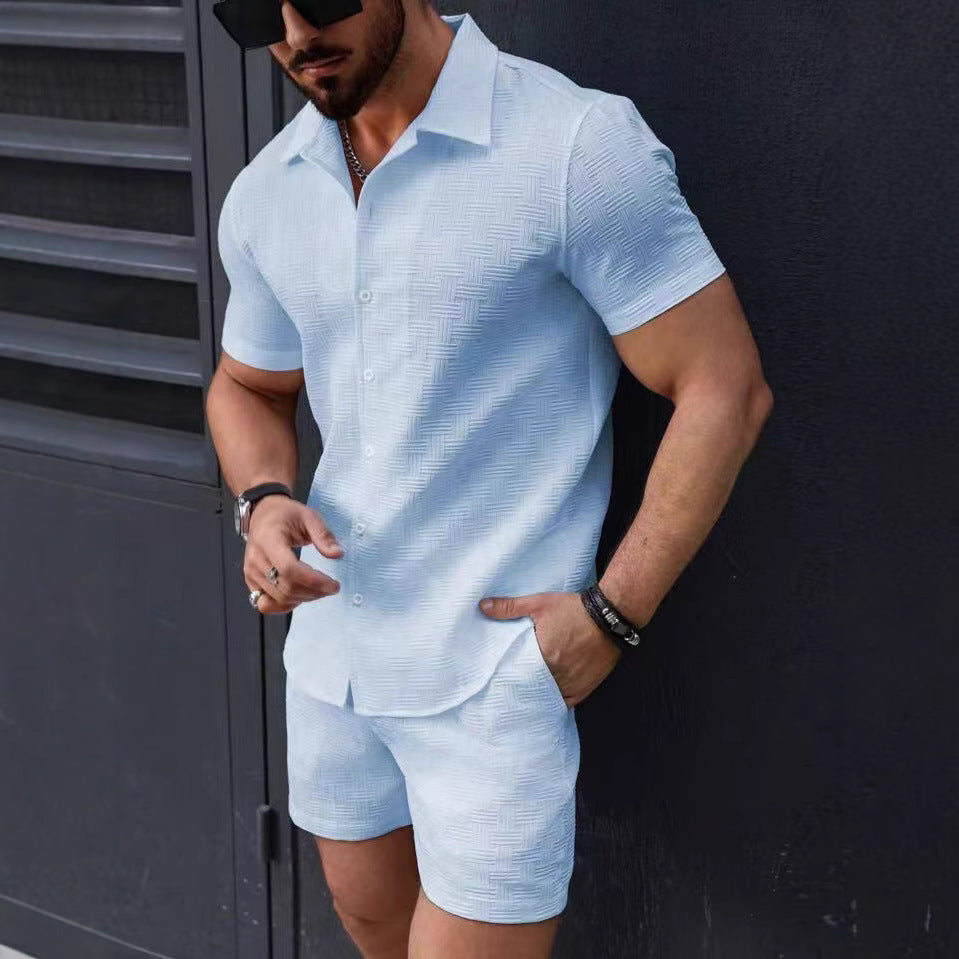 Men’s Co-ord Set – Slim Fit Button-Down Shirt & Mid-Thigh Shorts – Breathable Woven