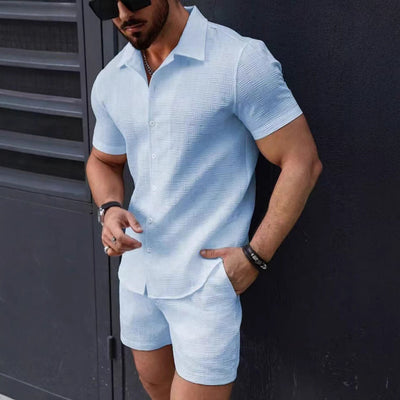 Men’s Co-ord Set – Slim Fit Button-Down Shirt & Mid-Thigh Shorts – Breathable Woven