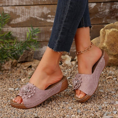 Women’s Wedge Sandals – Open Toe – Perforated Upper – Floral Accent – Cushioned Footbed