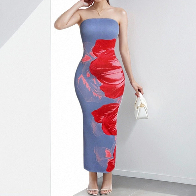 Women’s Strapless Dress – Slim Fit – Full Length – Bold Floral Print – Evening Wear