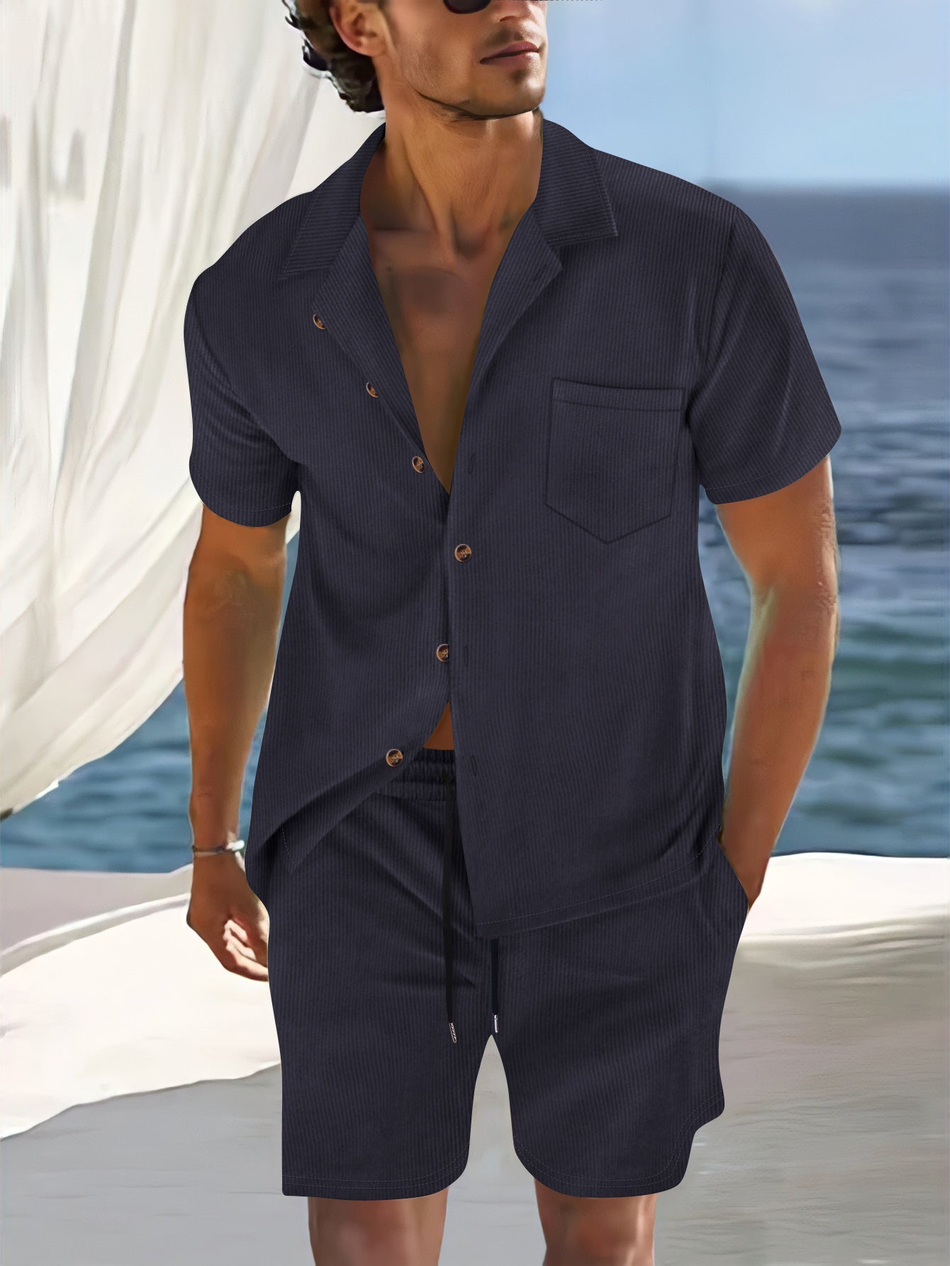 Men's Shirt and Shorts Set – Relaxed Fit – Lapel Collar – Cotton Blend – Button Front