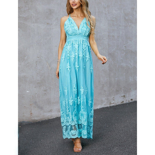 Women’s Maxi Dress – Elegant Fit – Deep V-Neck – Floral Embroidery – Luxury Fabric