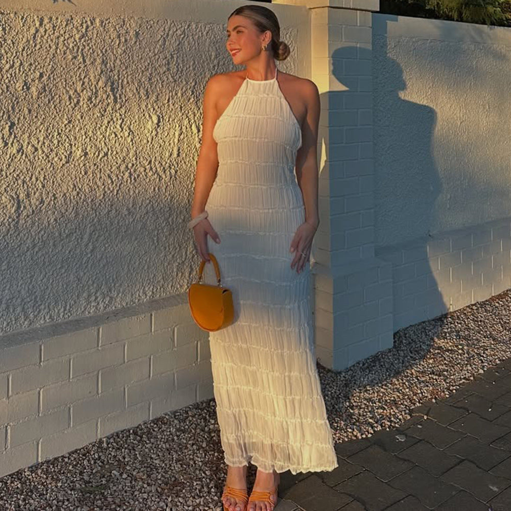 Women’s Maxi Dress – Halter Neck – Ruched Detail – Open Back – Formal Evening Wear