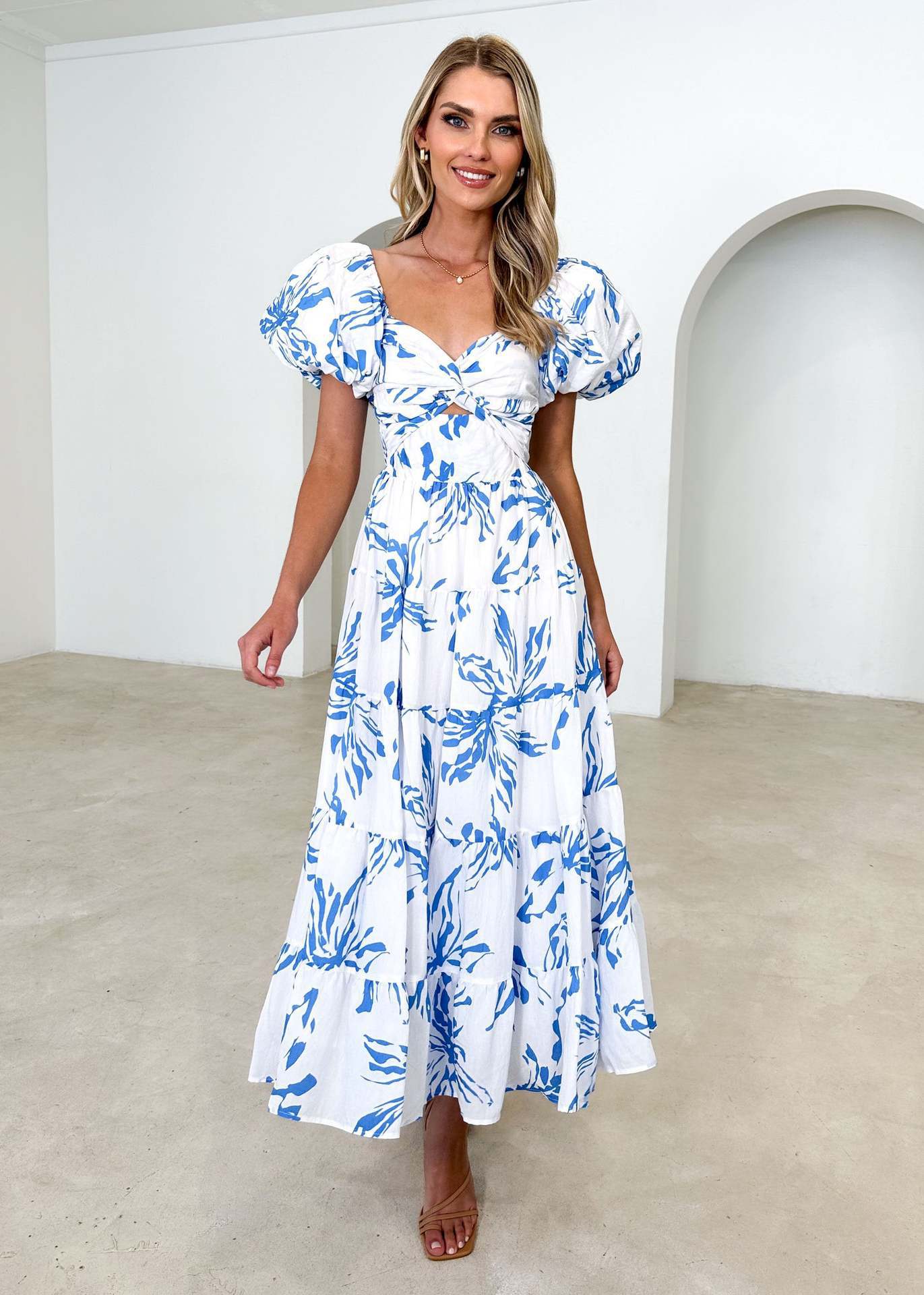 Women’s Maxi Dress – Fit and Flare – Puff Sleeve – Cut-Out Bodice – Tiered Skirt – Printed
