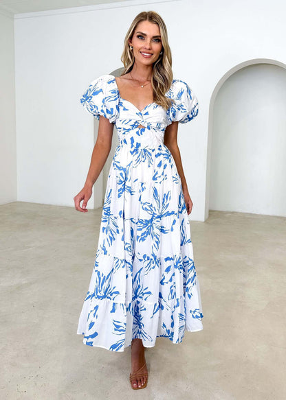 Women’s Maxi Dress – Fit and Flare – Puff Sleeve – Cut-Out Bodice – Tiered Skirt – Printed