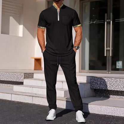 Matching Sport Set – Slim Fit – Zip Neck – Chest Pocket – Cotton Blend – Trim Detail